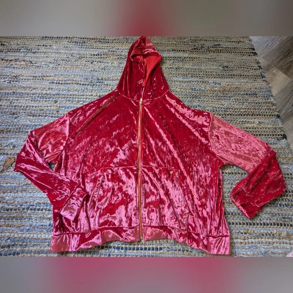 Fabletics Pink Berry Red Crushed Velvet Zip Hoodie Plus Size 2X Loungewear Glam